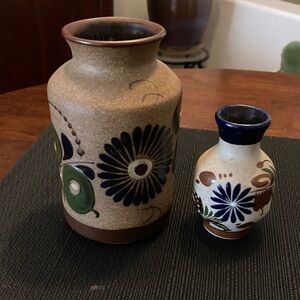Handcrafted Clay / terracotta Vase Set - Brown and Blue Floral Design.